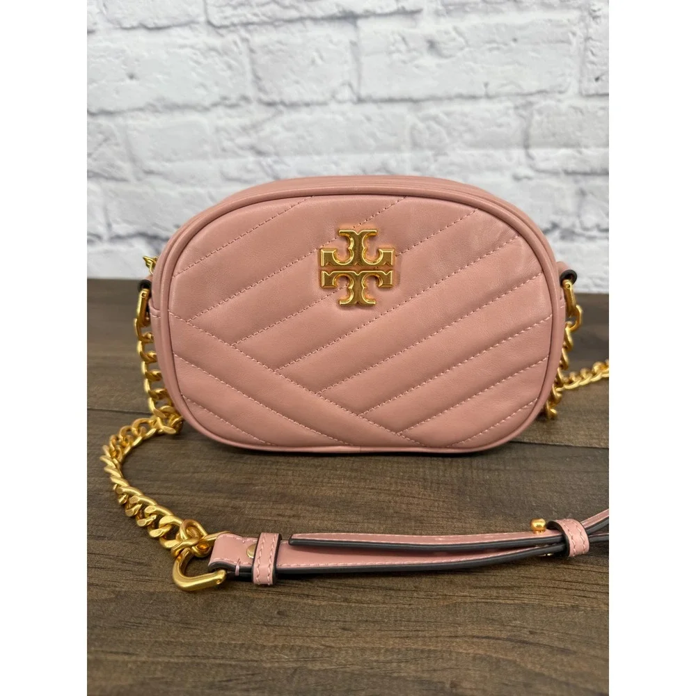 Tory Burch Kira Chevron Small Camera Bag Pink Moon Quilted Leather Crossbody
